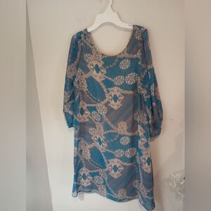 dina be Teal Blue and Cream Paisley Long Sleeve Dress
